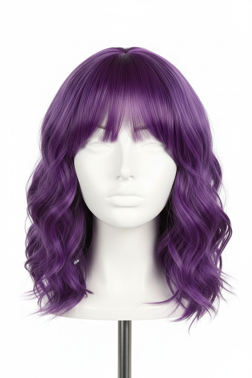 14 Inch Short Water Wave Violet Purple Wig with Bangs